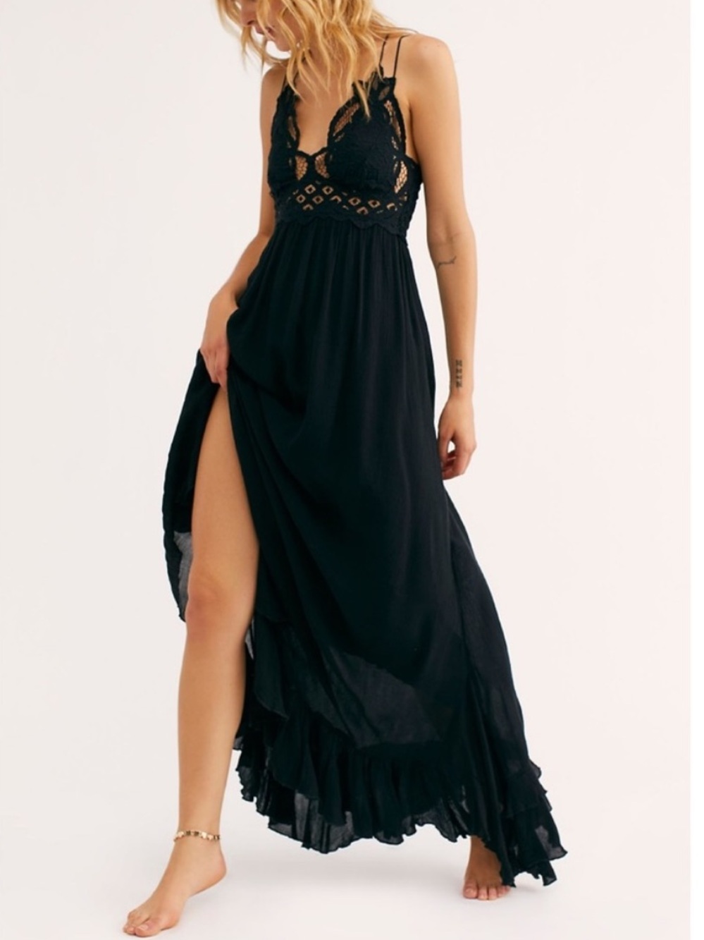 Free People Adela Lace Maxi Slip Dress in  Bohemian Black Crochet